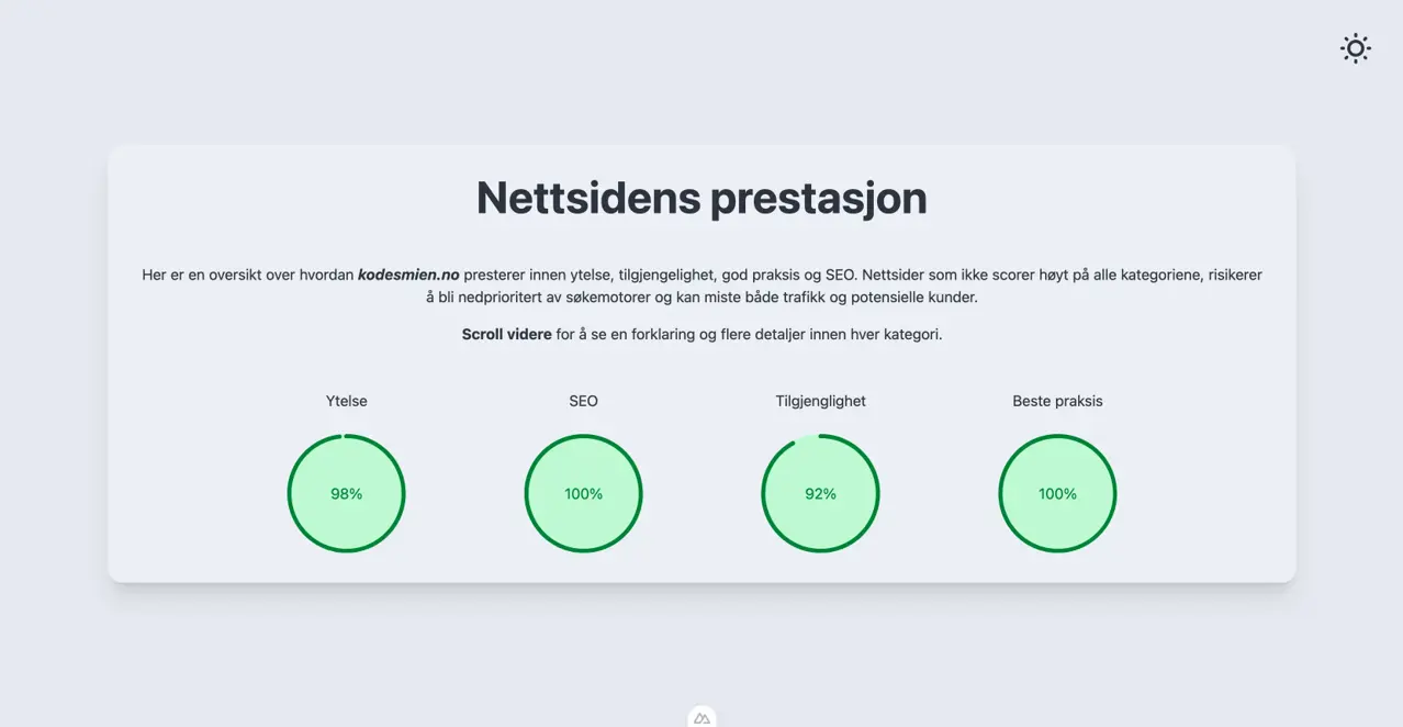Et eksempel på resultatene som vises når man tester kodesmien.no