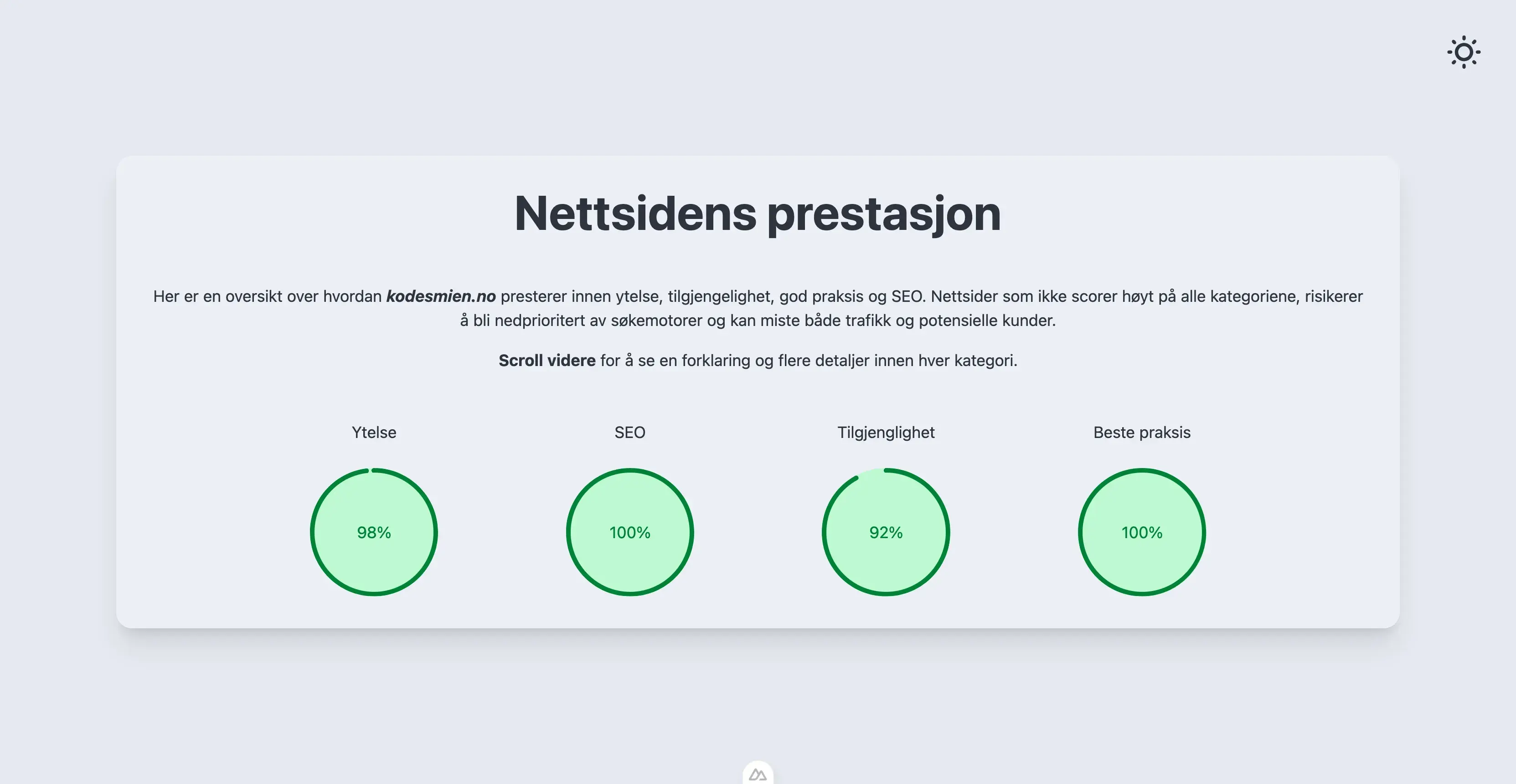 Et eksempel på resultatene som vises når man tester kodesmien.no